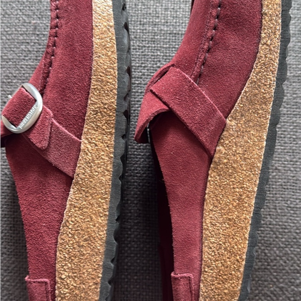 Birkenstock Women’s Suede Buckley Clogs in Burgundy with Silver Buckle Accent - Picture 3 of 5